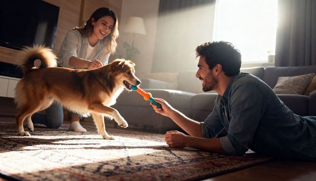 Playful young couple tugging colorful toy with fluffy dog on sunlit living room rug