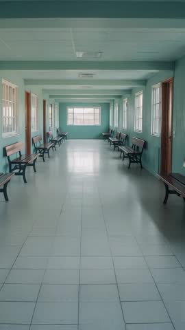 Vertical clinic corridor video loop showing empty mint-green hallway with wooden benches