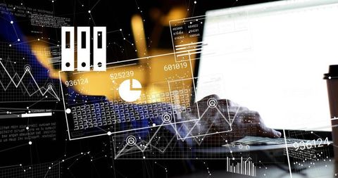Analyst typing on laptop analyzing dashboards with cloud analytics and data overlays