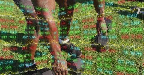 Mature men exercising with dumbbells on lawn with stock market data overlay