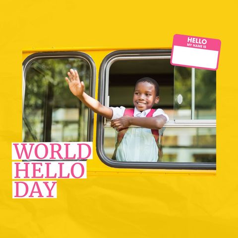 child waving hello from school bus on world hello day - Download Free Stock Templates Pikwizard.com