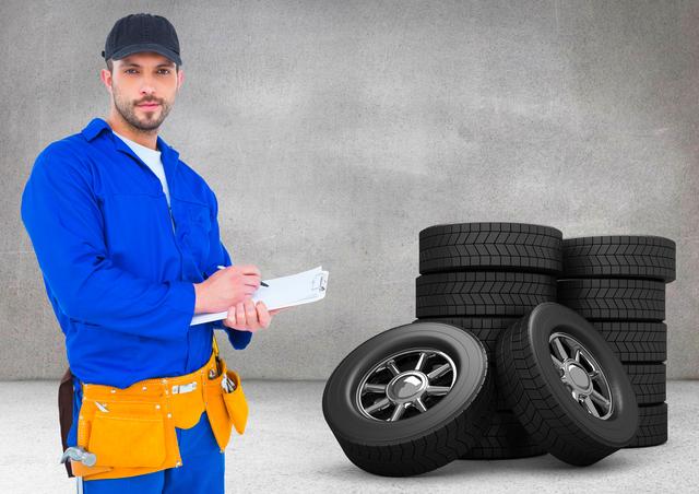 Serviceman in blue uniform holding clipboard and writing, standing next to stacked tires. Ideal for use in automotive service advertisements, maintenance and repair brochures, and professional mechanic websites.