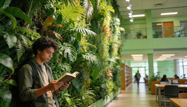 Student reading paperback by living green wall in campus library for study and wellness