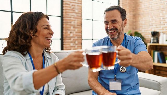 Healthcare team toasting tea in staff lounge relaxed clinic breakroom camaraderie