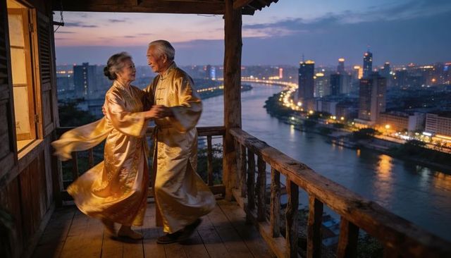 Elderly couple dancing in silk robes on balcony overlooking city river at dusk