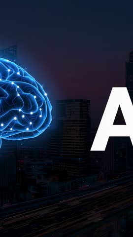 Vertical Futuristic Holographic Brain Pulsing Above Neon Night Cityscape With Letter A