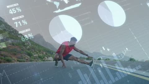 Athlete Stretching on Road with Overlay of Fitness Data and Charts