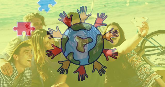 Image of colourful puzzle pieces and globe with hands over happy friends at summer beach party. autism, learning difficulties, support and awareness concept digitally generated image.