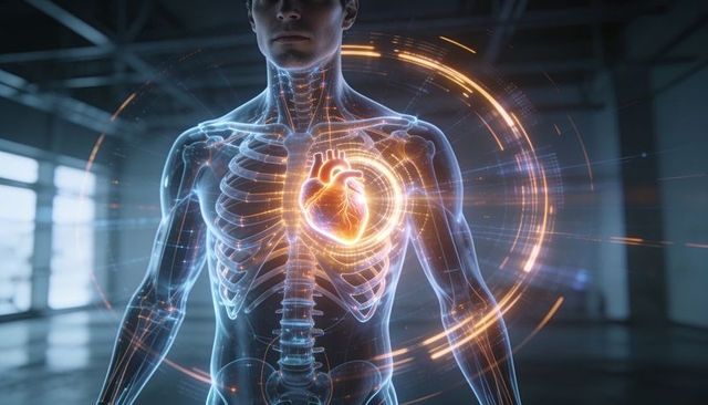 Futuristic cardiac hologram inside male torso revealing glowing diagnostic interface