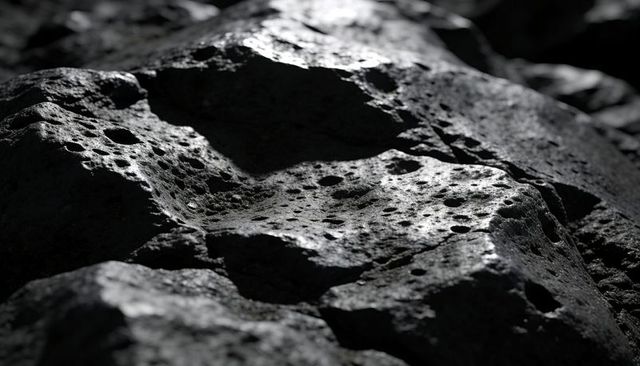 Macro porous basalt lava rock revealing pitted vesicles and high-contrast chiaroscuro