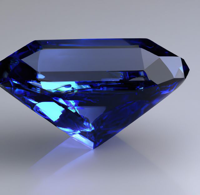 This shows a close-up of a blue sapphire gemstone with high clarity and brilliance on a gray background. The gemstone exudes luxury and elegance, making it ideal for use in fashion advertisements, jewelry promotions, gemstone collector’s resources, and articles emphasizing wealth or elegance.