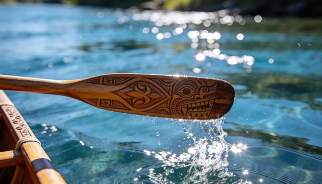 Sunlit carved canoe paddle skimming crystal lake water with tribal geometric carving