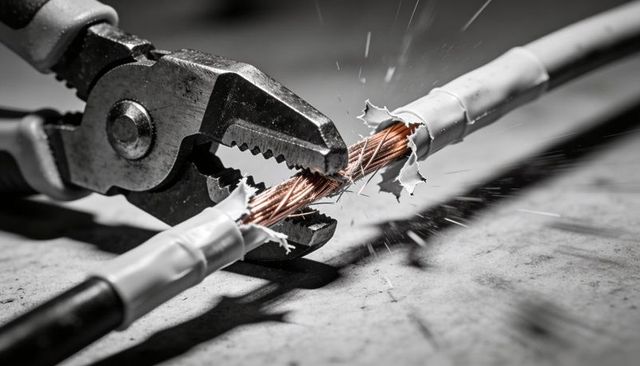 Combination pliers crushing pvc cable, exposing frayed copper conductors and sparks