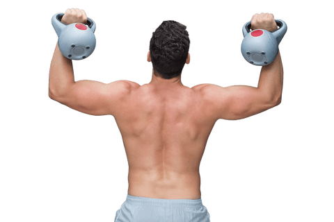 Shirtless man lifting kettlebells on transparent background