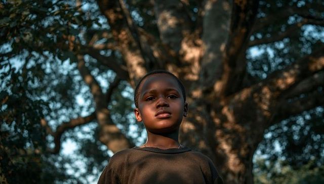 Young boy standing beneath sunlit tree canopy soaking warm late afternoon golden light
