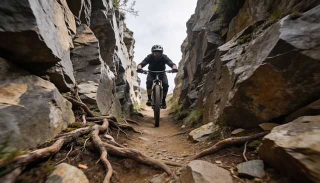 Mountain biker charging through narrow rocky slot canyon trail with exposed roots