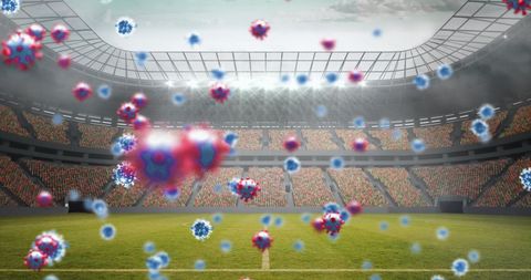 Coronavirus particles hovering over empty stadium during pandemic