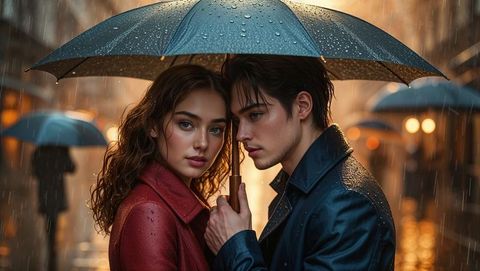 Romantic cute couple sharing umbrella in rain on city street at night