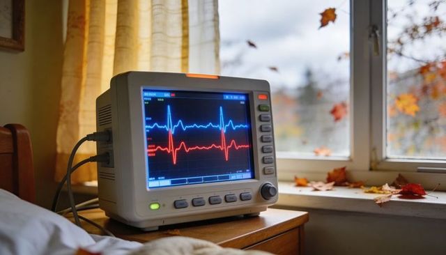 Home vital-signs monitor displaying blue and red ecg traces on cozy autumn bedside table