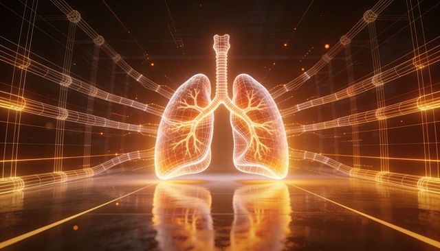 Futuristic glowing wireframe lungs hologram in amber tech grid with trachea reflection, glossy floor