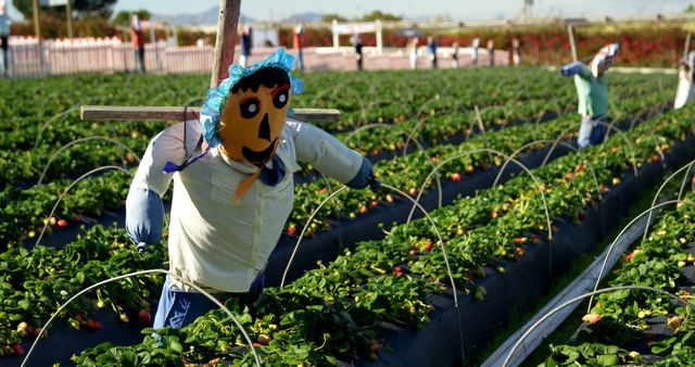 Scarecrows stand guard in a strawberry field, with copy space - Download Free Stock Photos Pikwizard.com