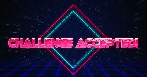 Retro challenge accepted text with neon grid and hyperspace effect