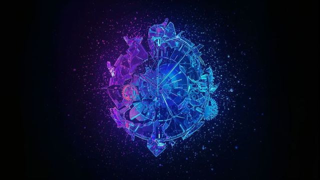 Futuristic Neon Sphere Exploding into Glowing Shards in Dark Void