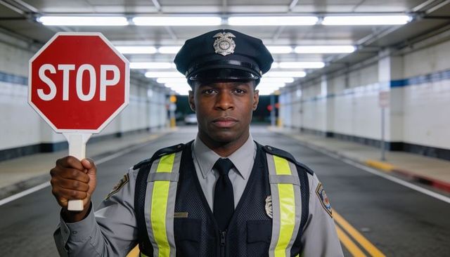 Uniformed officer holding stop paddle directing traffic in illuminated tunnel