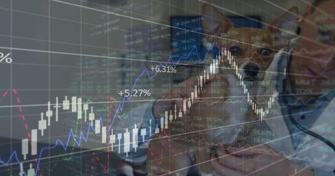 Veterinarian Holding Dog with Financial Charts Overlay Symbolizing Pet Healthcare Investment