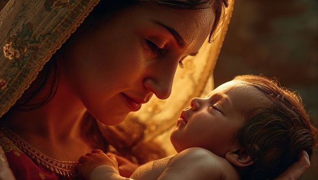 Serene south asian mother tenderly cradling sleeping infant