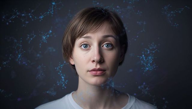 Gazing woman with freckles wearing white shirt facing camera with blue molecular overlay
