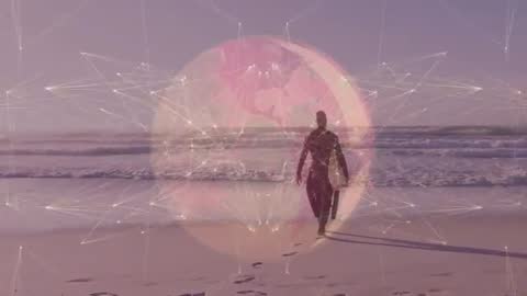 Surfer Embracing Technology on Serene Beach