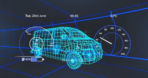This illustration shows a futuristic digital interface with a wireframe 3D model of a van. Indicators for speed, GPS information, temperature, and battery charge present a comprehensive tech display. The imagery is ideal for conveying themes of modern transportation, automotive engineering, cutting-edge digital interfaces, and technology-driven solutions. This is suitable for use in presentations or publications focused on the future of the automotive industry, design innovation, or high-technology automotive systems.