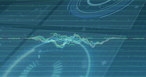 Displaying colorful waveform chart across futuristic dashboard with neon telemetry overlay