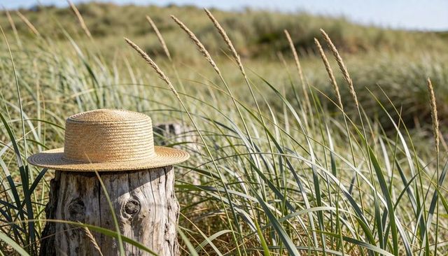 Straw boater hat resting on weathered dune post with sea oats and sunlit coastal grasses