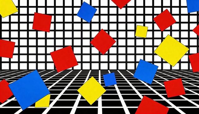 Floating colorful squares rotating over black-and-white grid plane, strong geometric perspective