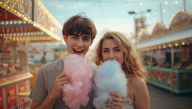 Couple enjoying cotton candy at summer fair with festoon lighting
