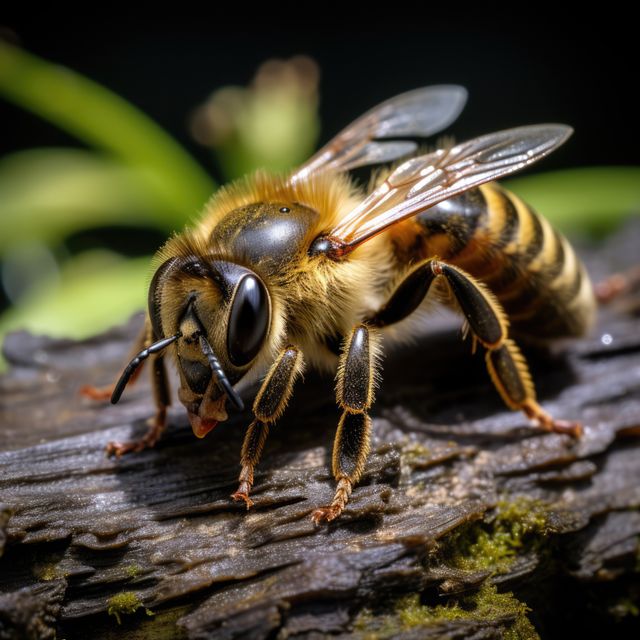 Close up of bee standing on tree branch in nature, on black, created using generative ai technology. Insects, nature and wildlife concept digitally generated image.