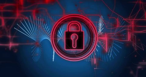 Securing digital networks with neon padlock and glowing circuit grid
