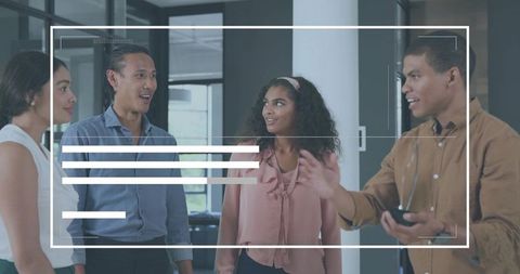 Diverse team collaborating in modern workspace with mobile UI overlay for presentation