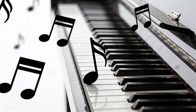 Monochrome piano keyboard with floating music notes and high-contrast reflection