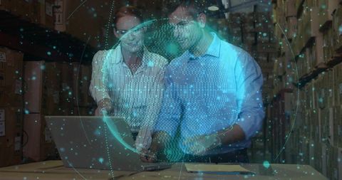 Warehouse team analyzing inventory with holographic global analytics overlay