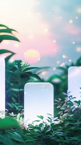 Panning through undergrowth revealing glowing pillars at dusk with floating sparkles