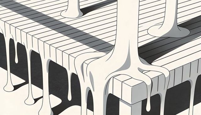 Melting minimalist slatted bench sculpture with flowing white drips and strong shadows