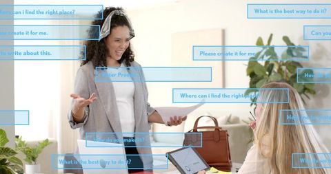 Gesturing woman presenting to colleague with tablet analytics and floating prompt overlays