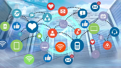 Digital Media and Network Icons Overlay on Data Center