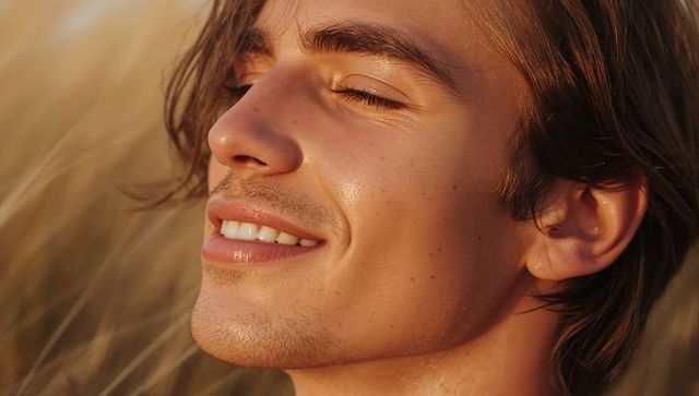 Sunlit golden-hour portrait of smiling young man with closed eyes, stubble and freckles