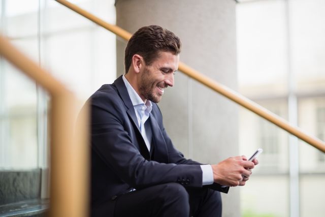 Happy businessman sitting on steps using mobile phone at conference centre