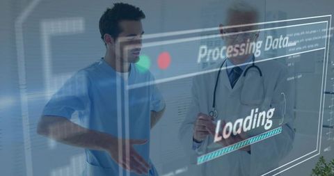 Healthcare team reviewing holographic patient data loading interface futuristic teamwork