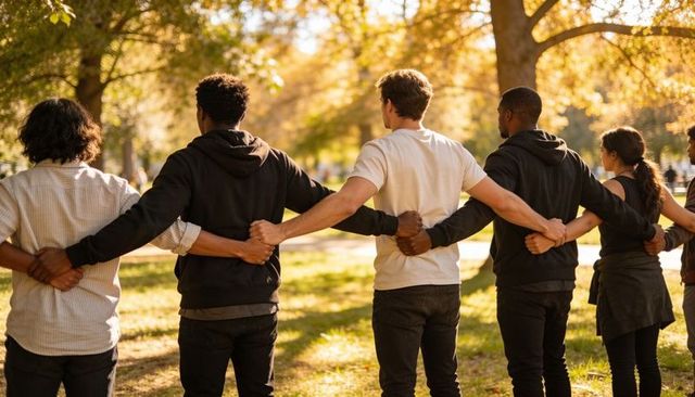 Diverse friends linking arms in sunlit autumn park showing unity friendship and teamwork